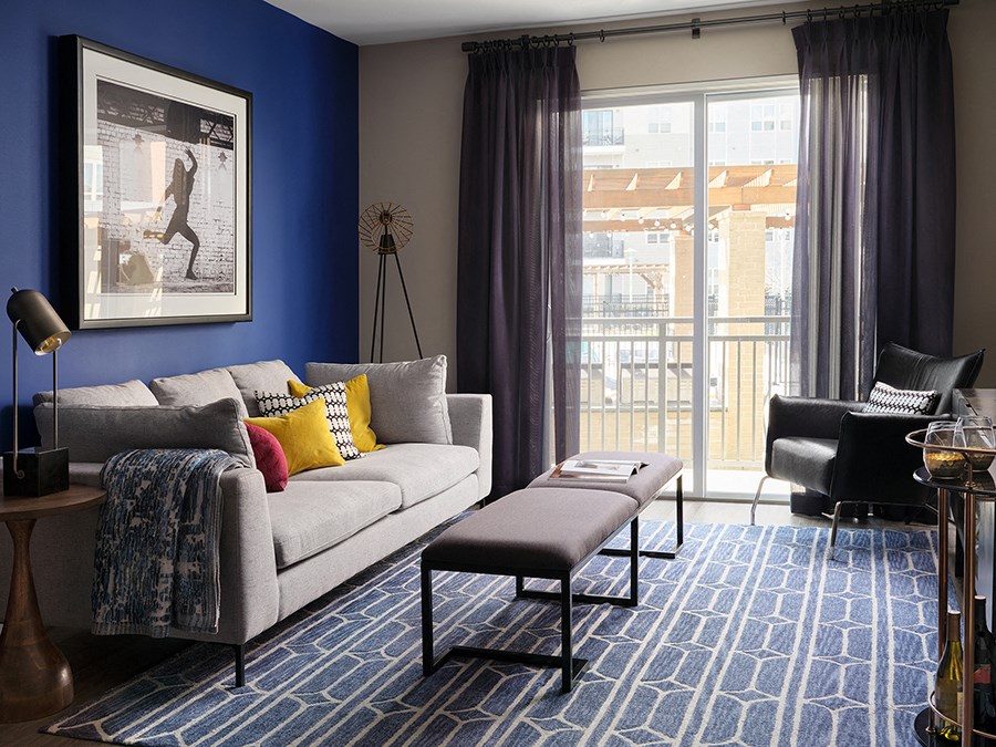 a living room with blue walls and a gray couch and a blue rug
