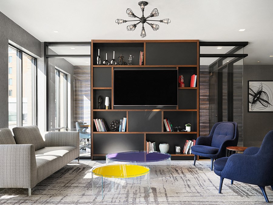 a living room with a couch and a television