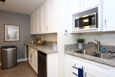 A kitchen with a stainless steel dishwasher and a microwave above the sink.
