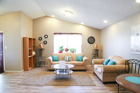 a living room with couches and a table