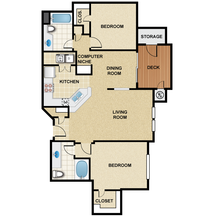 2 Bedroom 2 Bath - Mariposa Floor Plan 2