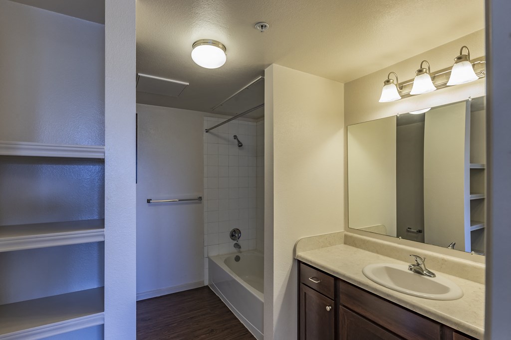 the preserve at ballantyne commons apartment bathroom with sink and shower