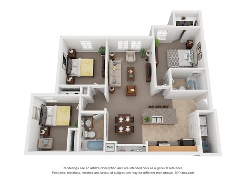 A 3D floor plan of a house with a kitchen, living room, and two bedrooms.