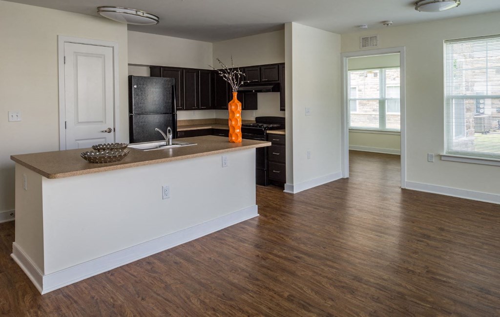 a kitchen and living room with a wood floor