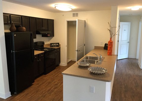a kitchen with a sink and a refrigerator