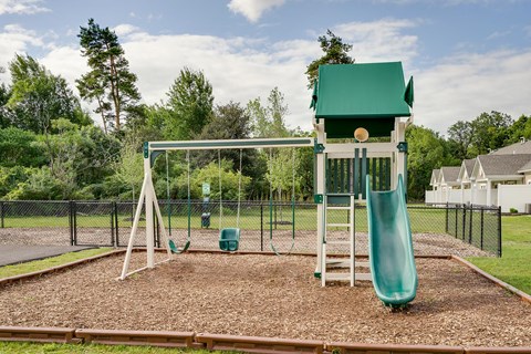a playground with a swing set and a slide
