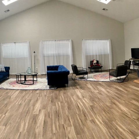 a living room with a wood floor and furniture and curtains