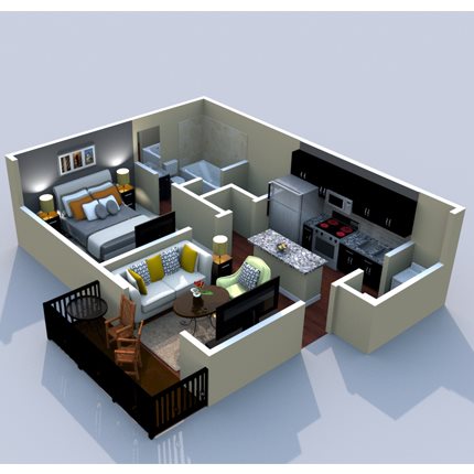 1BR/1BA Hillsboro 500sf Floor Plan 1
