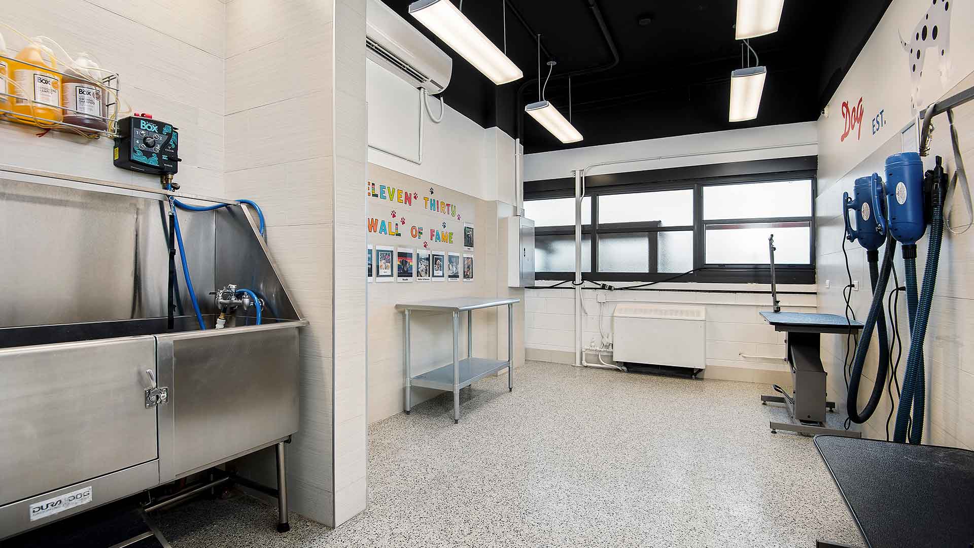 An industrial tub is on the left for giving a dog a bath. Blower dryers are on the right wall as well as tables for grooming.