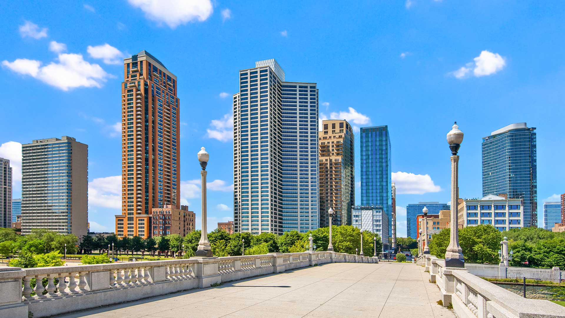 The Eleven Thirty apartment tower stands tall on a clear day, as seen from Grant Park.