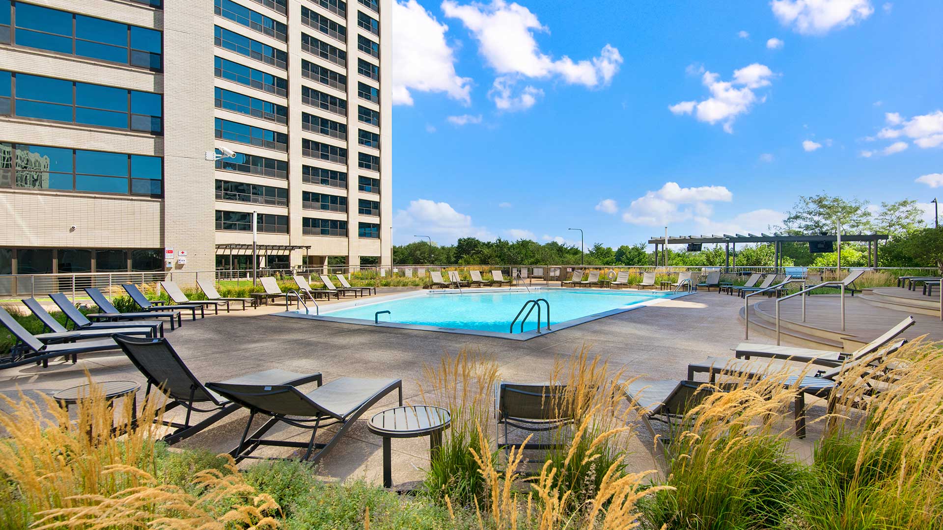 A wide view of the outdoor pool and sundeck at Eleven Thirty on a sunny day.