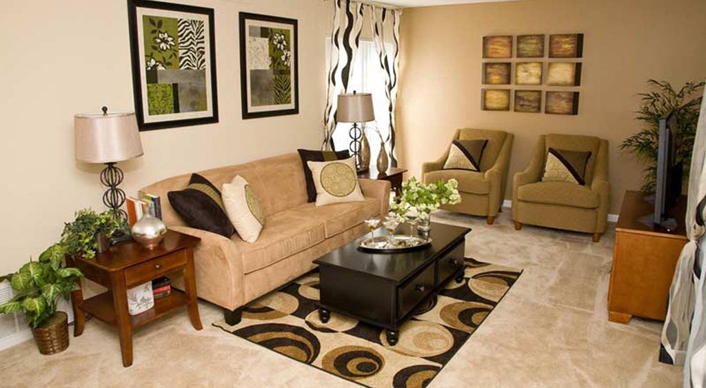 a living room with a couch and a table