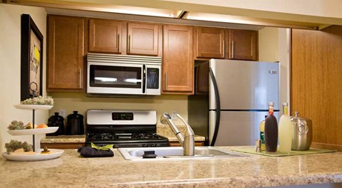 a kitchen with a stove microwave and refrigerator