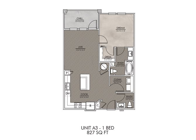 A3- One Bedroom/One and a Half Bath- 827 sf Floor Plan 4