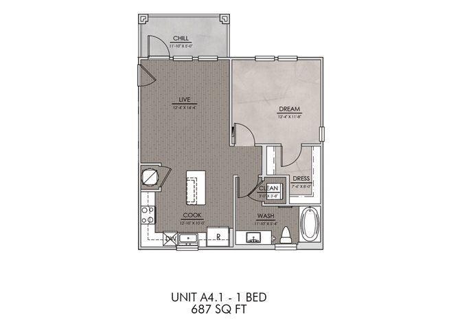 A4- One Bedroom/One Bath- 687 sf Floor Plan 5