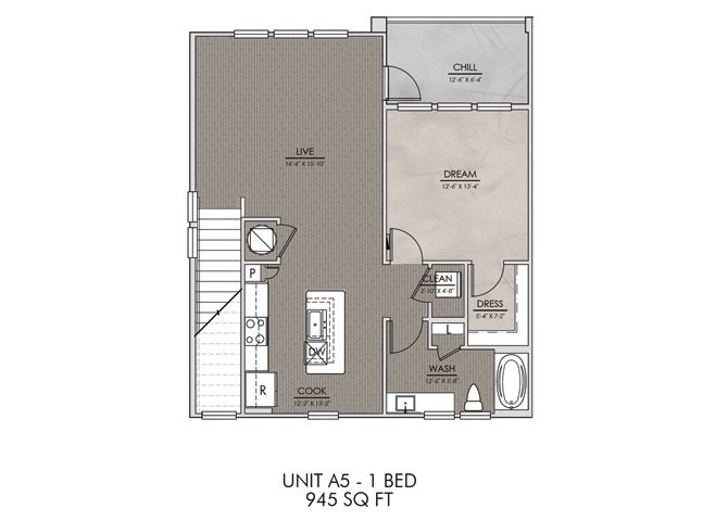 A5- One Bedroom/One Bath- 945 sf Floor Plan 7