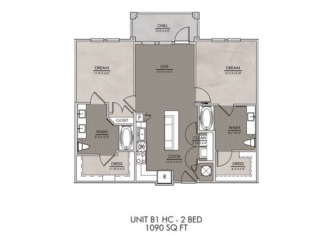B1.HC- Two Bedroom/Two Bath- 1090 sf Floor Plan 9