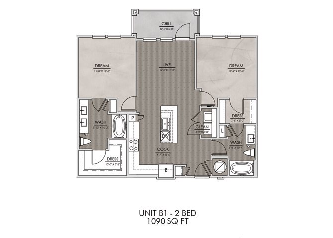 B1- Two Bedroom/Two Bath- 1090 sf Floor Plan 8