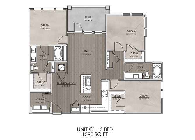 C1- Three Bedroom/Two Bath- 1390 sf Floor Plan 12
