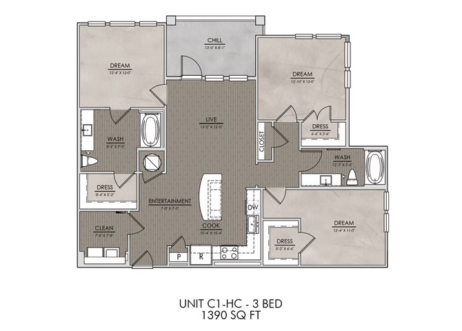 C1.HC- Three Bedroom/Two Bath- 1390 sf Floor Plan 13