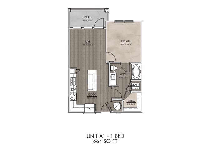 A1- One Bedroom/One Bath- 664 sf Floor Plan 1