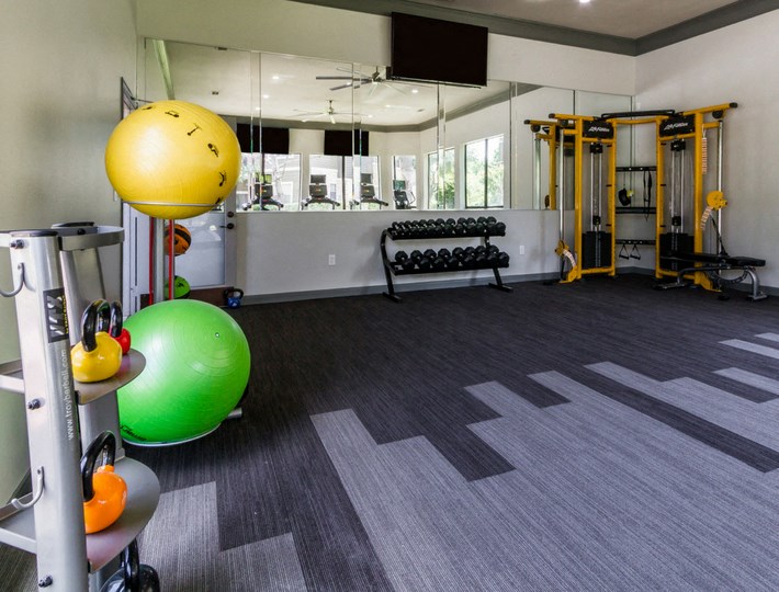 a gym with weights and a ball and other exercise equipment