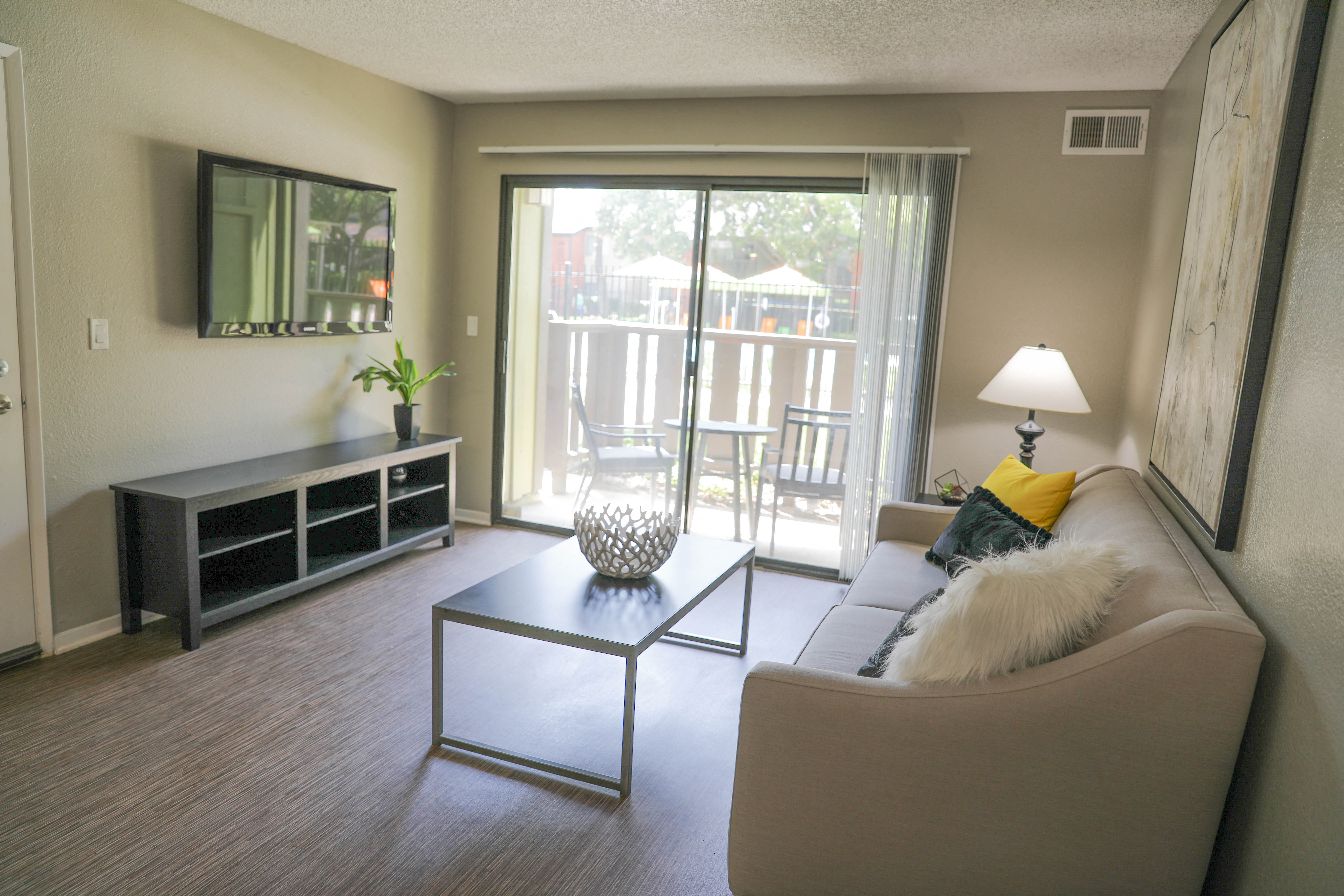 a living room with a couch and a coffee table