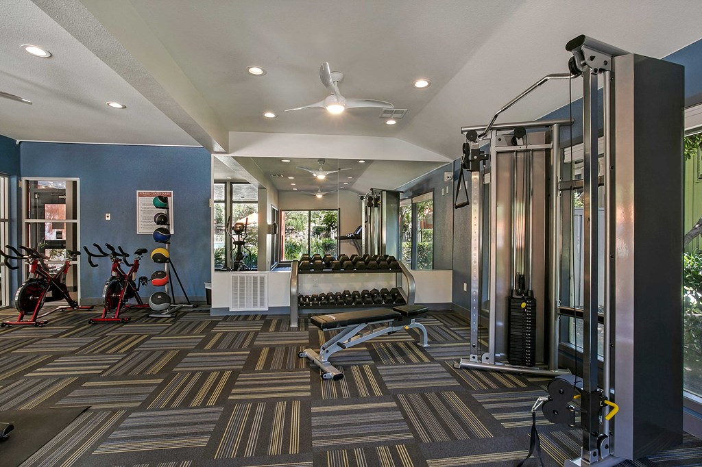 a home gym with a couch and exercise machines