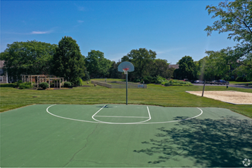 a basketball court in the middle of a park