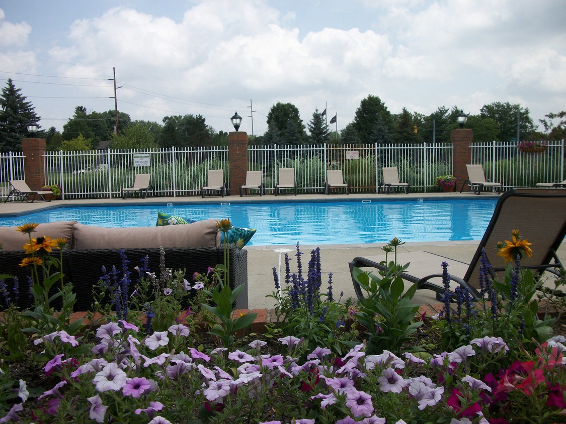 the pool is surrounded by flowers and chairs