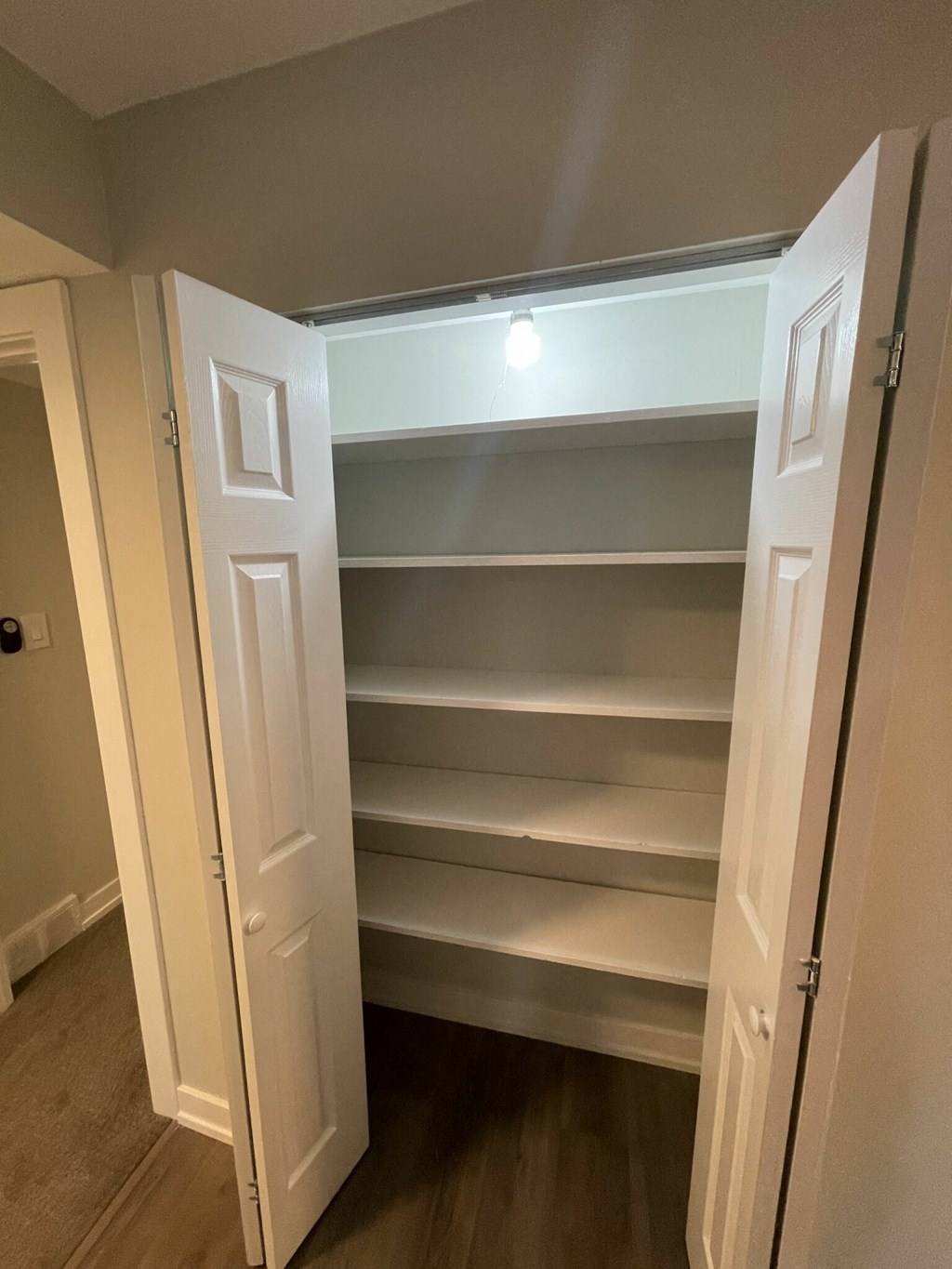 a small closet with shelves and a door