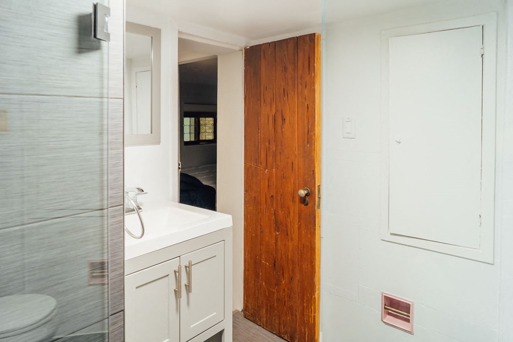 a bathroom with a shower and a sink and a wooden door