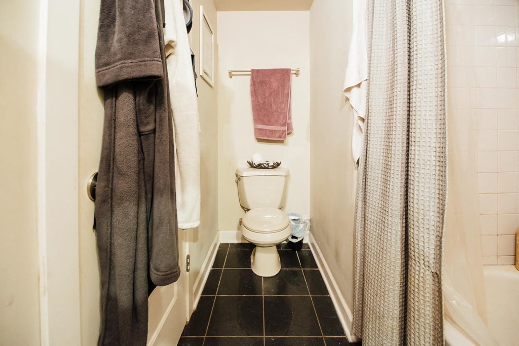 a bathroom with a toilet and a shower curtain