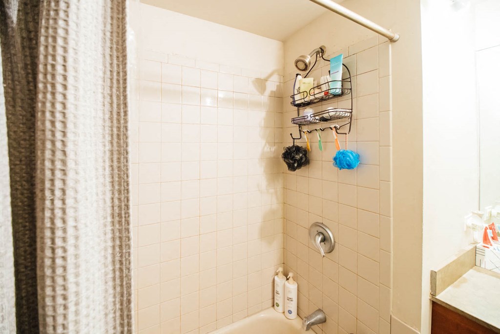 a bathroom with a shower and a curtain