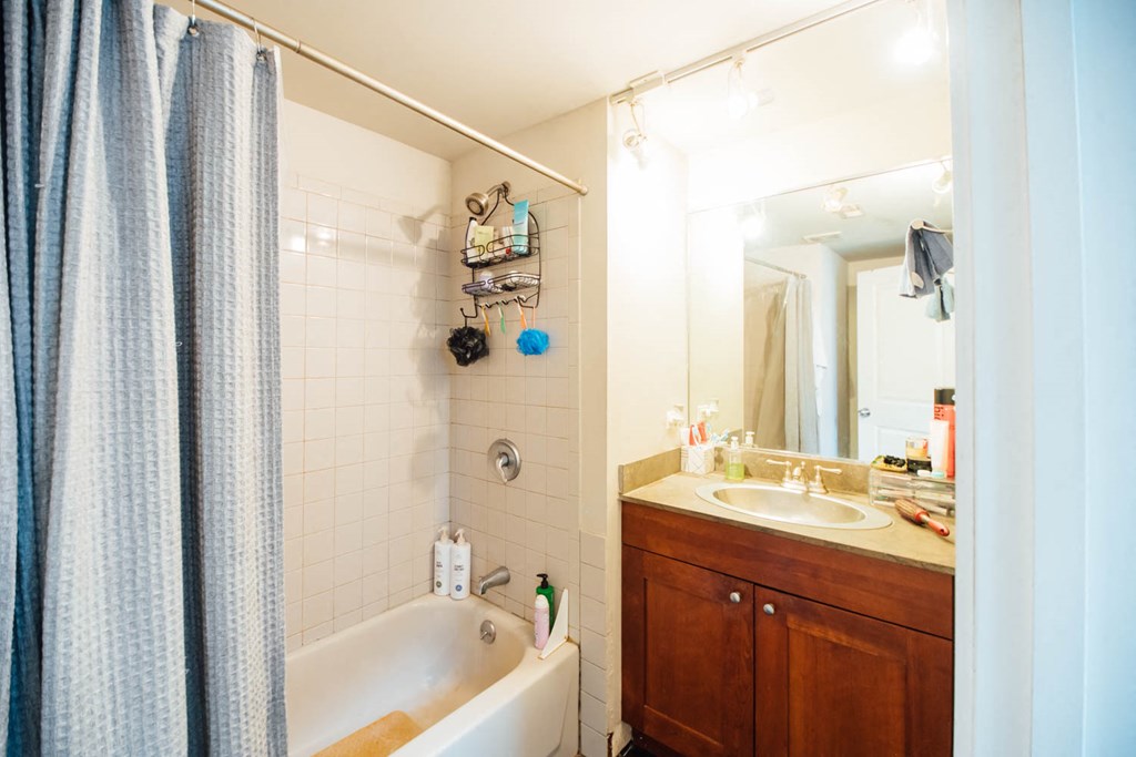 a bathroom with a sink and a tub and a mirror