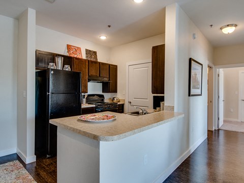 A kitchen with a black fridge and a marble counter top.