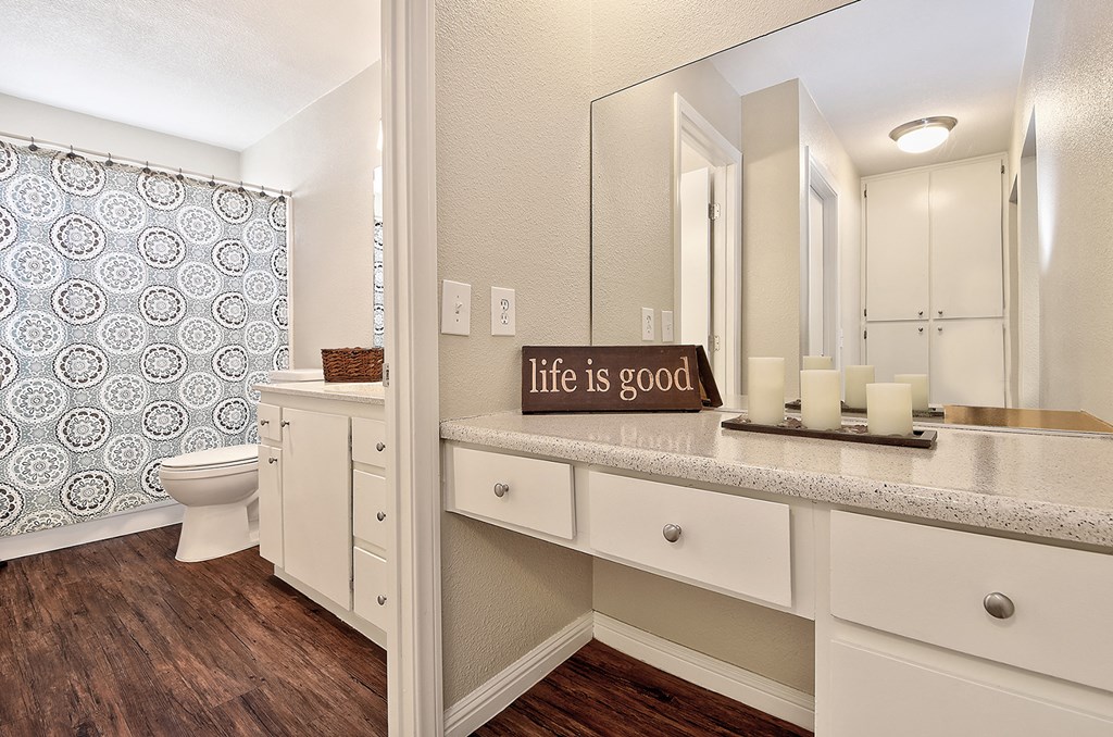a bathroom with a large mirror and a toilet