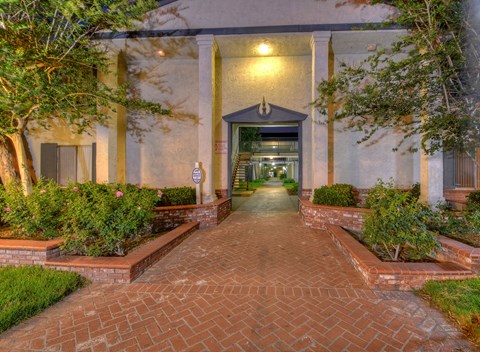 the walkway leading to the front entrance of a building