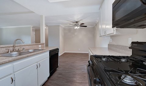 a kitchen with a stove and a sink and a ceiling fan