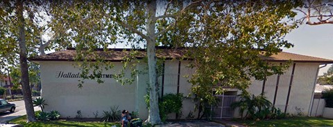 a white building with trees in front of it