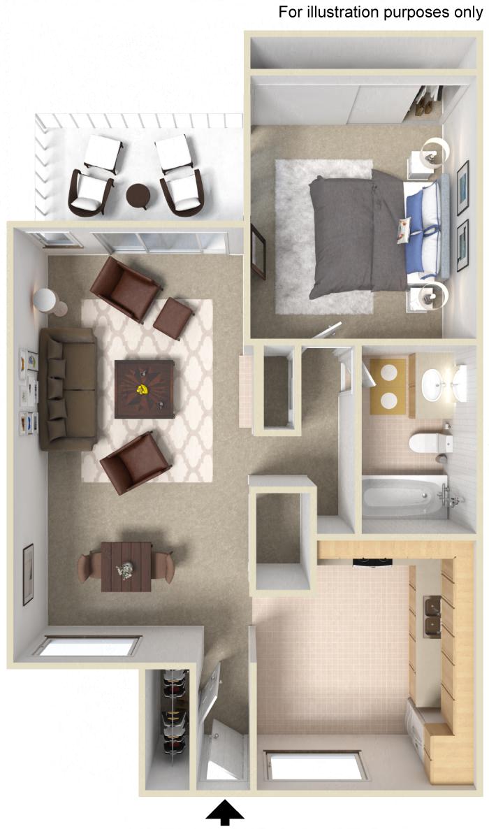 1 bedroom 1 bathroom floor plan at LAKE DIANNE, Santa Ana, CA, 92705