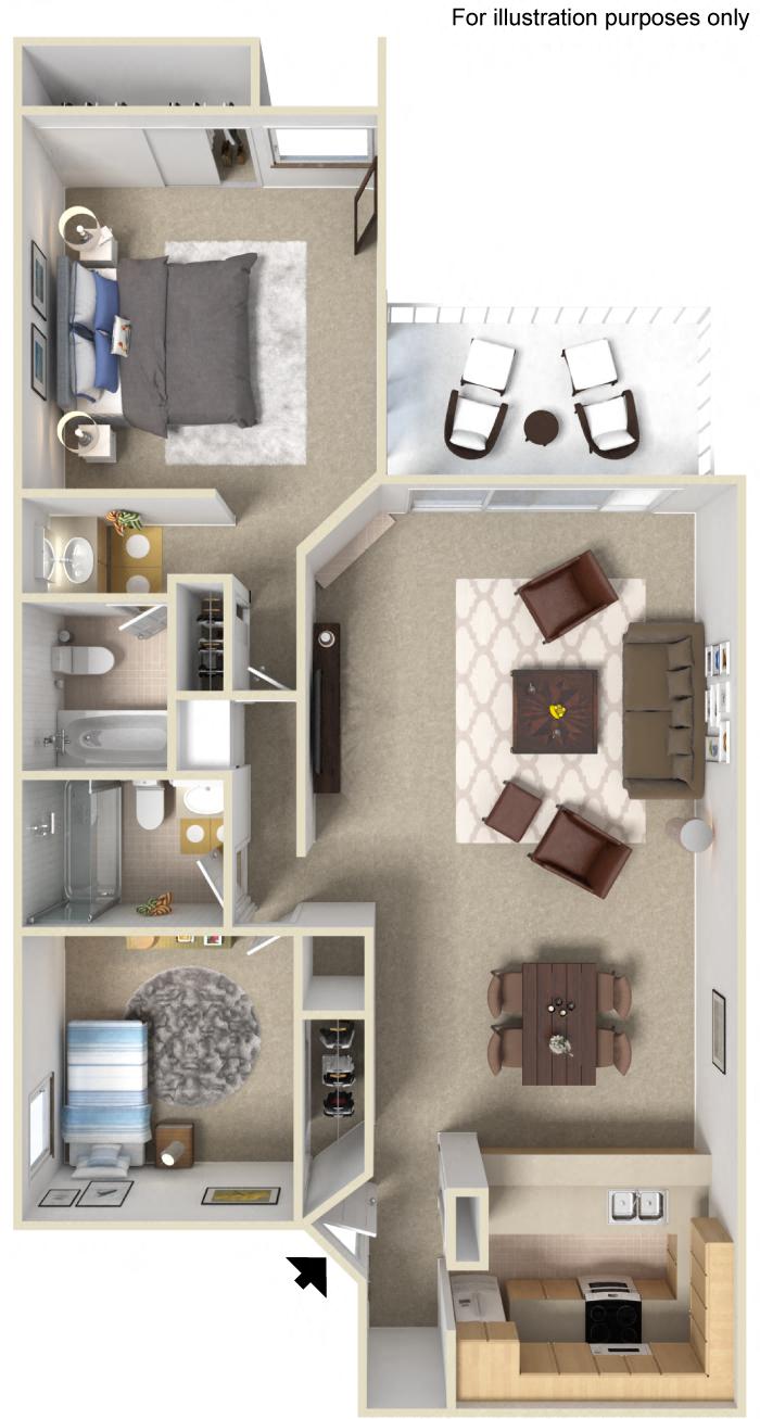 2 bedroom 2 bathroom floor plan at LAKE DIANNE, Santa Ana, CA