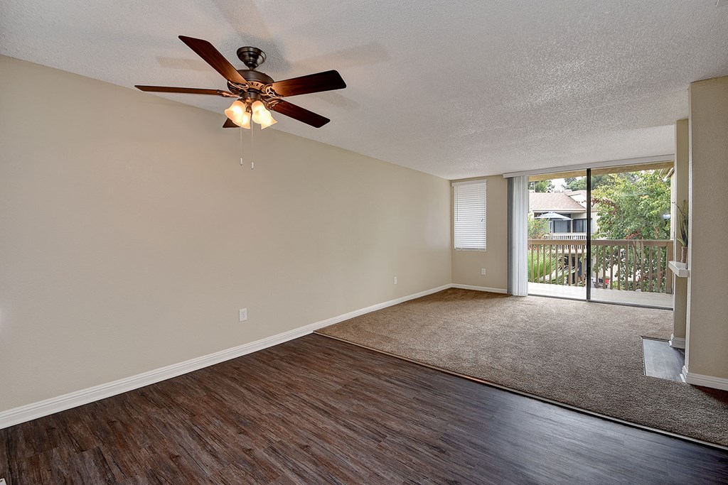 Living room and ceiling fan at LAKE DIANNE, Santa Ana, California