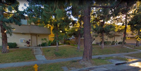 a neighborhood with trees and a yellow house