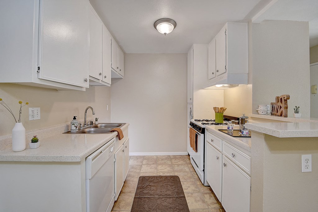 a kitchen with white cabinets and a sink and a stove