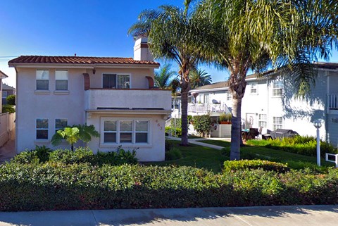 a white house with palm trees in front of it