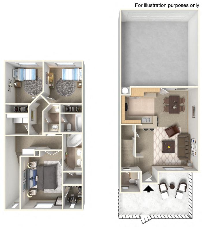 Plan 3T FloorPlan 3D at TERRAZA DEL SOL, Rancho Cucamonga, California