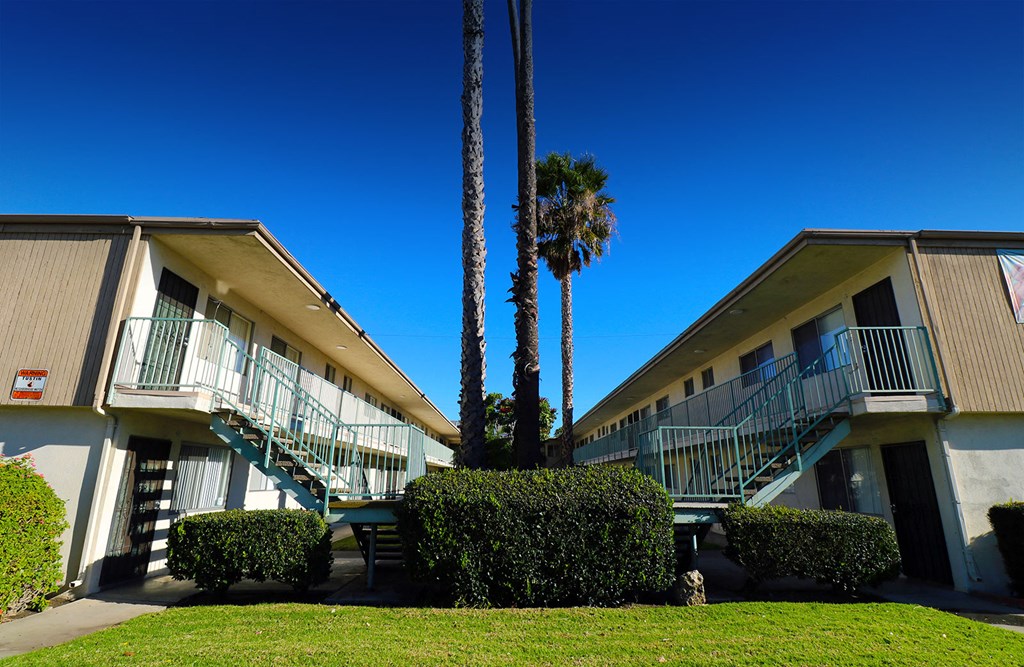 the outside of a building with tall palm trees