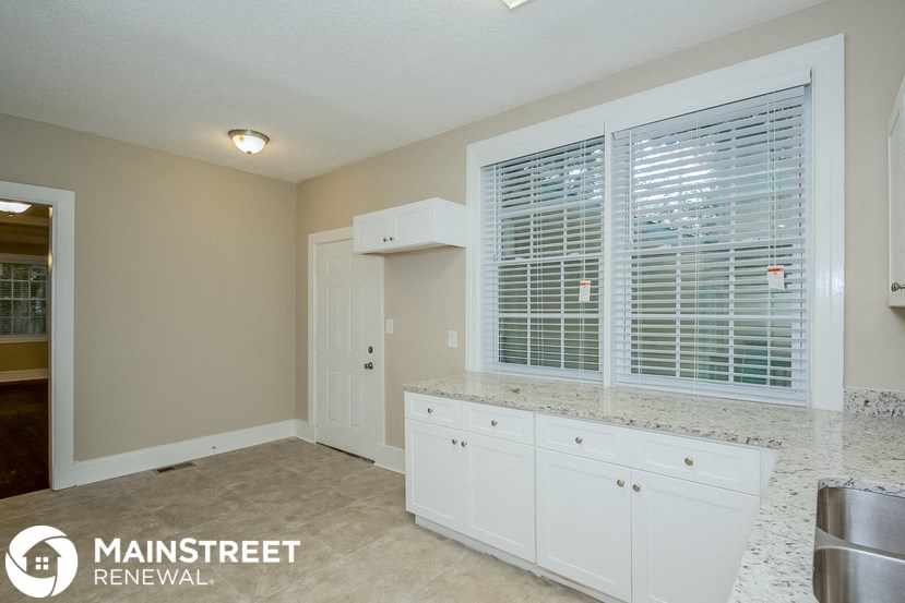 a kitchen with white cabinets and window blinds and a counter top