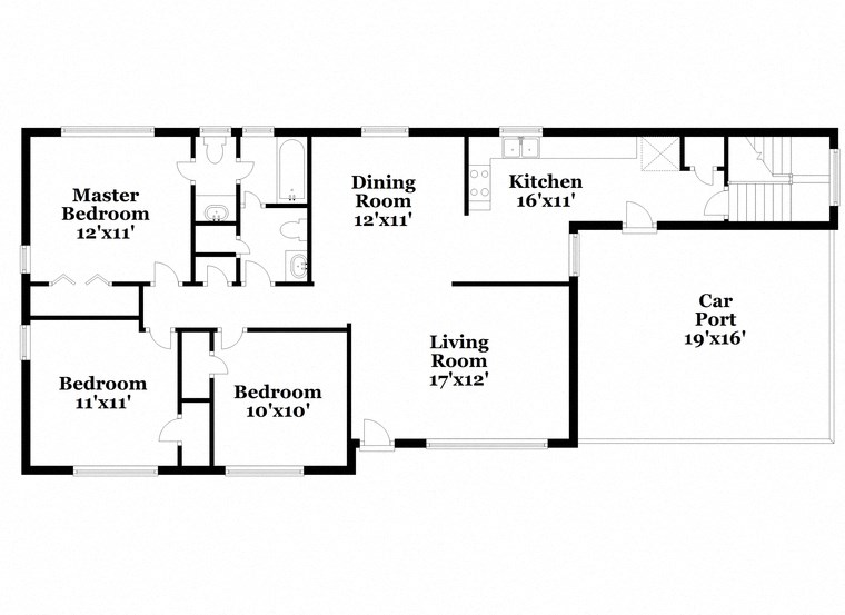 floor plan of a house with an open floor plan with a bedroom and a kitchen